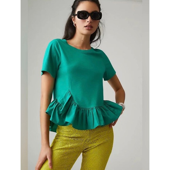Maeve by Anthropologie Tops - Maeve by Anthropologie Emerald Green Ruffled Peplum Short Sleeve Top Small
